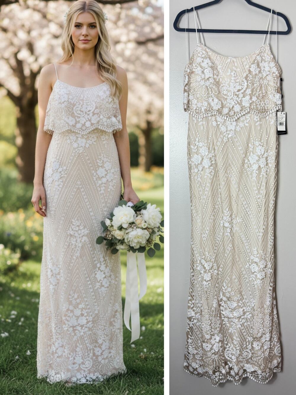 NWT BHLDN Adrianna Papell Dress 6 White Sequin Lace Floral Bridal Wedding Gown